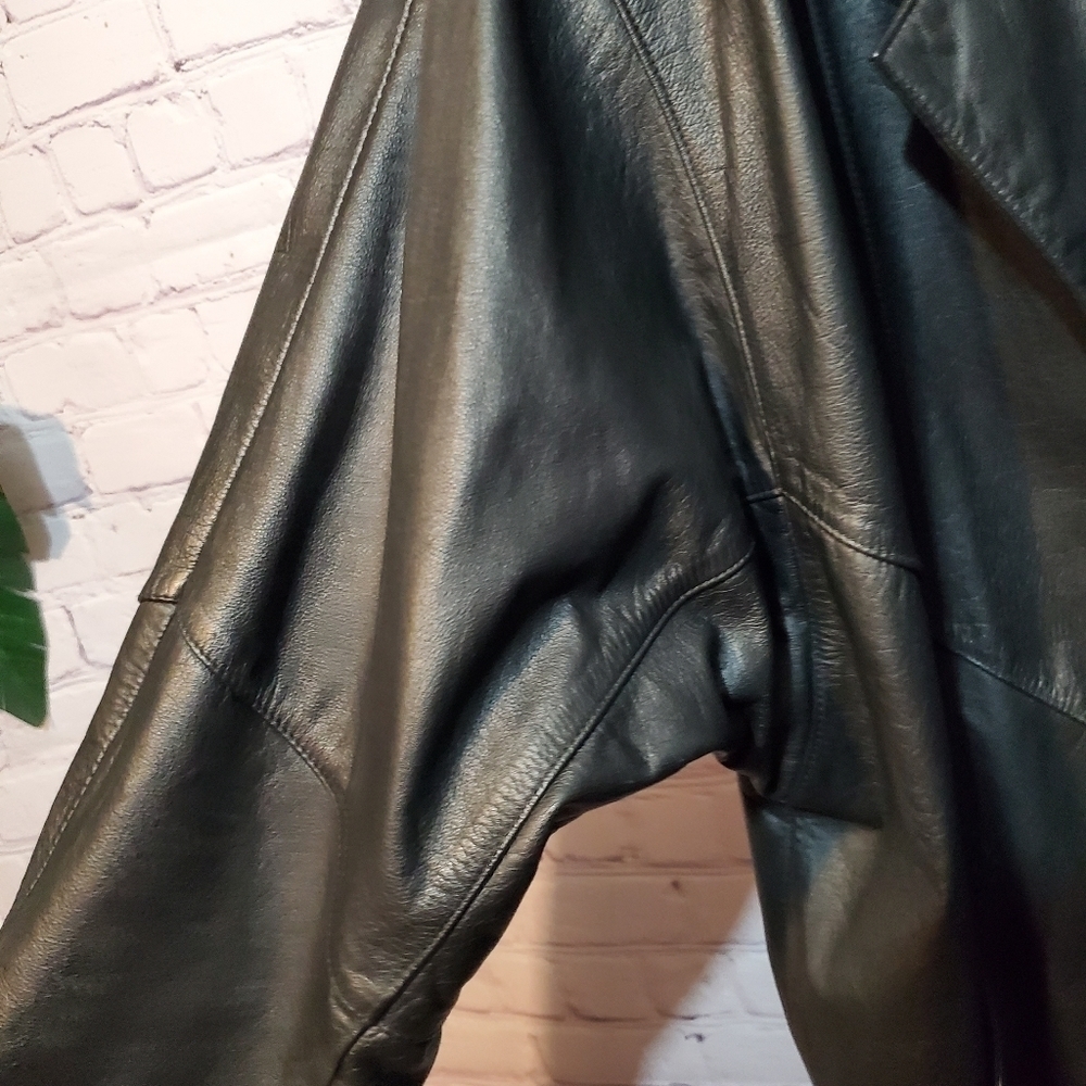VINTAGE 80s LEATHER PELLE BLACK TRENCH COAT - Picture 5 of 11
